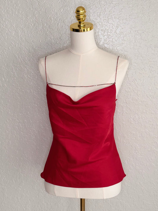 ASTR The Label Red Satin Cowl Neck Camisole Rhinestone Chain Strap Detail-Small
