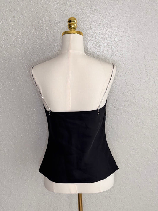 ASTR The Label Black Satin Cowl Neck Camisole Rhinestone Chain Strap Detail