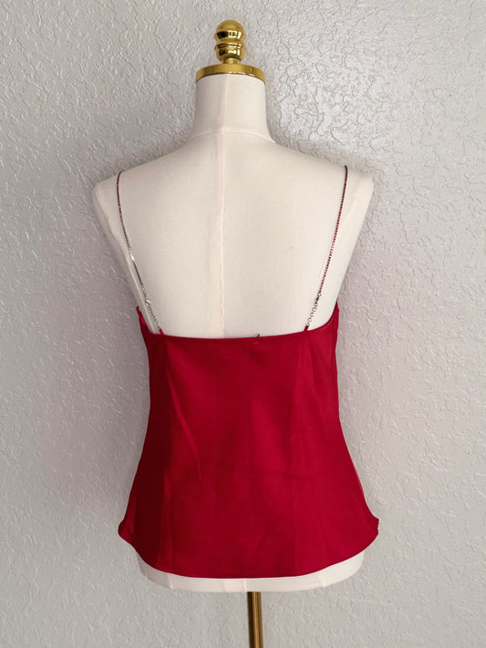 ASTR The Label Red Satin Cowl Neck Camisole Rhinestone Chain Strap Detail-Small