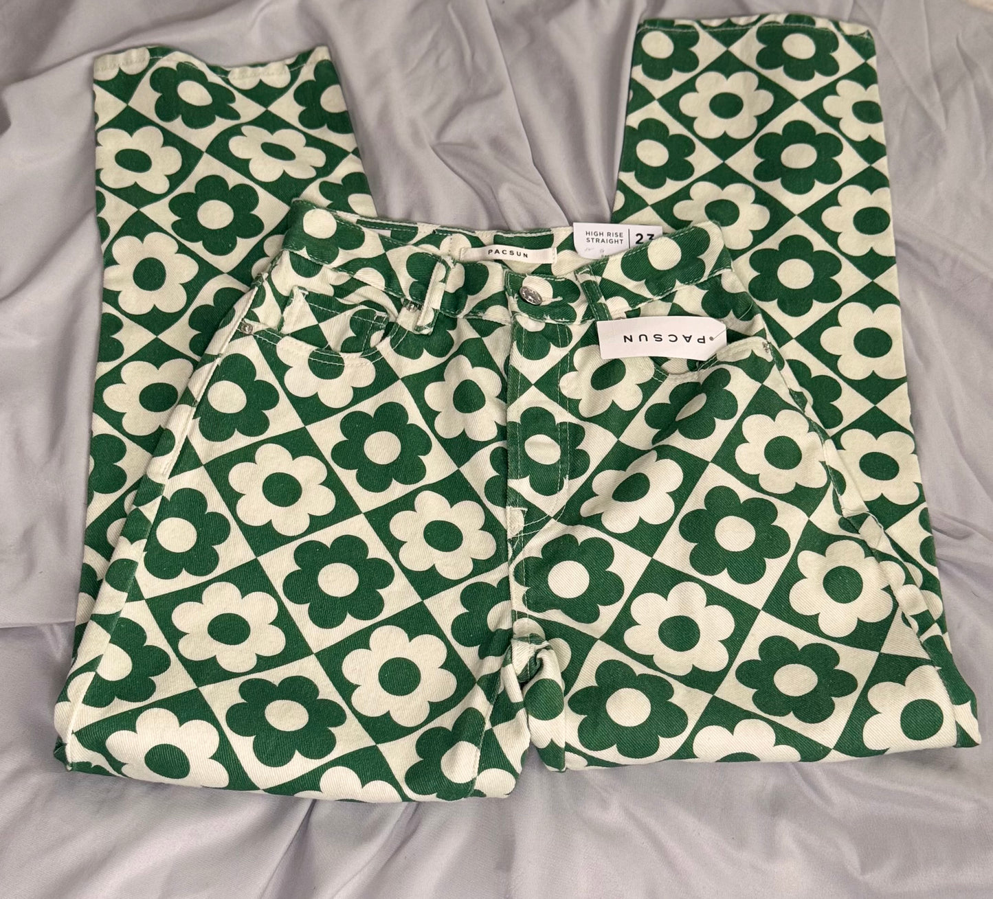 Pacsun Green & White Daisy High Waisted Straight Leg Jeans